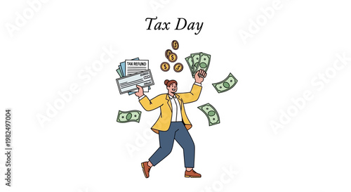 A cheerful cartoon man celebrates tax day with a pile of cash and paperwork in this vector illustration, set against a clean white background with a playful and celebratory mood