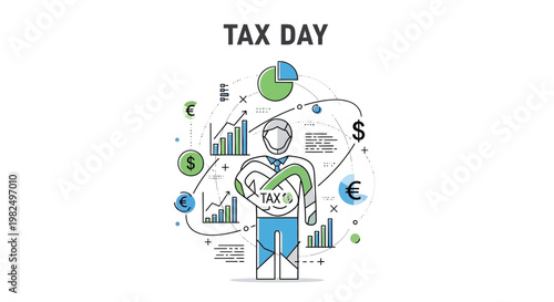 A stylized vector illustration depicts the tax filing day concept with financial charts and currency symbols orbiting a central figure holding a tax form, set against a clean white
