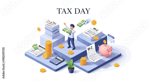 Isometric vector illustration showcasing the financial tax concept of tax day, with a man standing amid tax forms and coins, emphasizing tax preparation and financial paperwork taxes