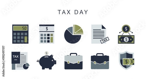 Flat lay illustration featuring accounting finance icons such as tax documents, calculators, charts, money, and a piggy bank symbolizing tax season and financial responsibility