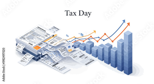Isometric illustration conveying the financial tax concept for tax day, featuring a rising bar graph with upsloping arrows and a stack of financial documents, set against a clean white