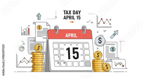 A whimsical vector illustration features a prominent calendar icon set to April 15, symbolizing tax day, surrounded by stacks of coins and financial documents against a clean white