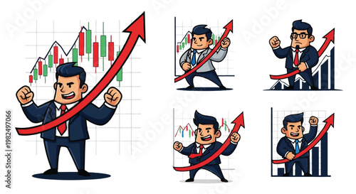 Businessman celebrating success with rising graph illustration set