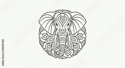 Intricate black and white line art illustration of an elephant head with detailed mandala patterns, forming a circular decorative design.