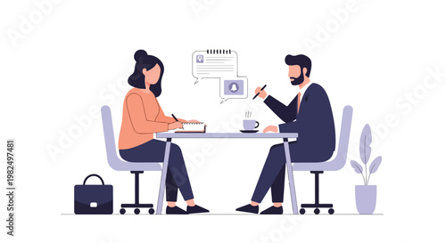 A professional vector illustration of a man and a woman discussing work projects while sitting at a table and taking notes during a meeting.