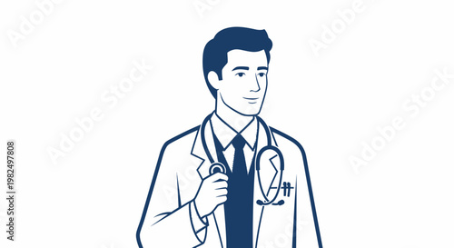 Smiling male doctor in white coat with stethoscope, healthcare professional illustration