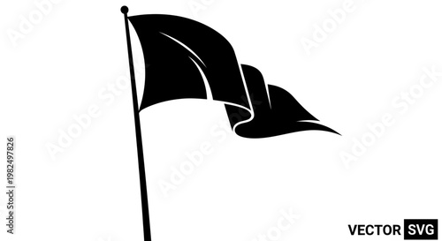Waving Black Flag Silhouette on Pole, Isolated on White Background, Vector Graphic