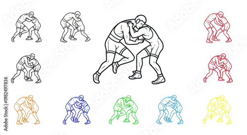 Wrestling Match: Athletes Grapple in Dynamic Sports Illustration