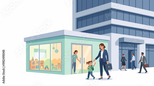 Working Mother and Daughter at Corporate On-Site Daycare Center Near Office Building Flat Vector