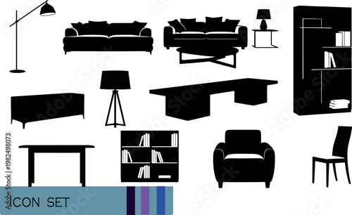 Print Modern Living Room Furniture and Home Interior Silhouette Set