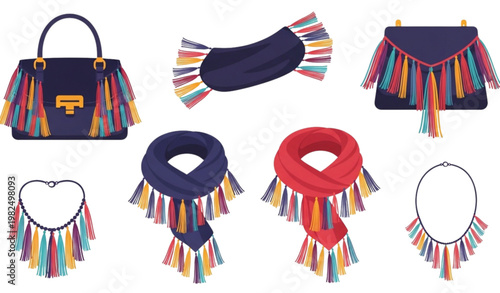 Vector Set of Fashionable Accessories with Fringed Details, Including Bags, Scarves, and Jewelry
