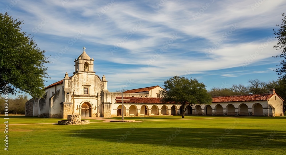 Fototapeta premium Historic architecture building with green lawn under a partly cloudy sky