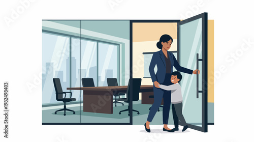 Working Mother with Clinging Child at Modern Office Door Work Life Balance Concept Flat Vector Illustration