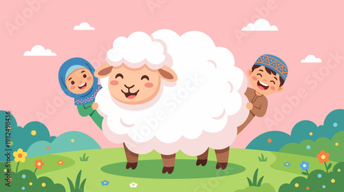 Cute Muslim Kids with Eid Sheep Vector
