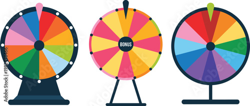 Colorful spinning prize wheels set with bonus game show and fortune design
