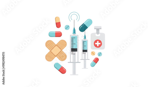 Vector Set of Medical Syringes, Pills, Bandages, and Medicine for Healthcare, Treatment, and Medical Designs