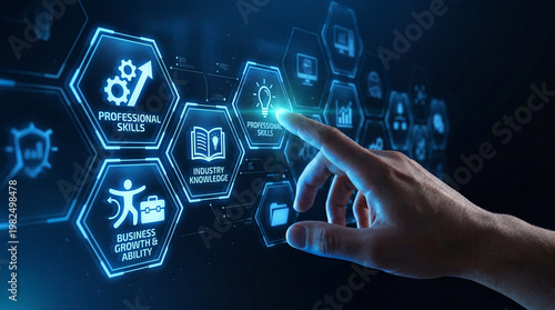 Hand touching digital interface with hexagons for professional skills industry knowledge business growth and ability development in corporate technology environment for learning and career success