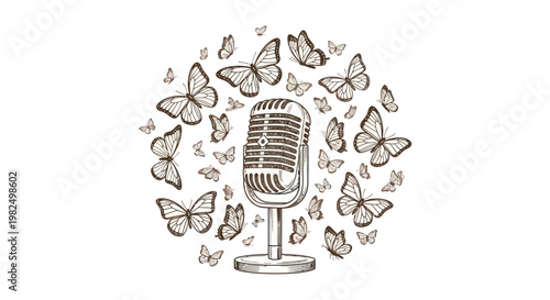 Vintage microphone surrounded by a swarm of delicate butterflies.