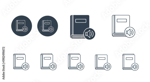 Set of audiobook icons in various styles for digital learning and education.