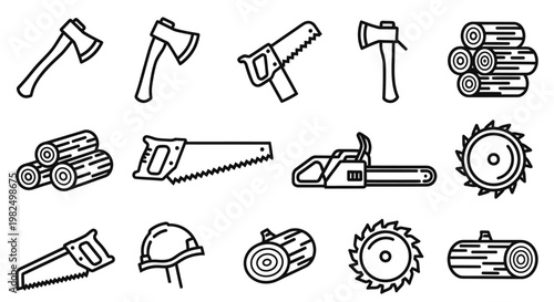 Collection of lumberjack and woodworking tool line icons featuring axes, saws, and logs