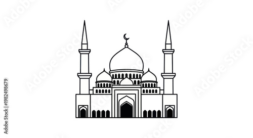 Line art illustration of an Islamic mosque with minarets and domes
