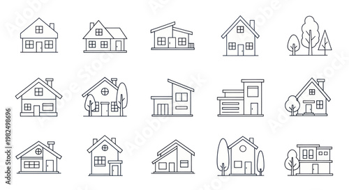 Set of simple thin line house and residential building icons isolated on white background