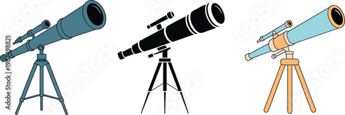 Classic telescope illustrations set with tripod stands in vintage and modern styles