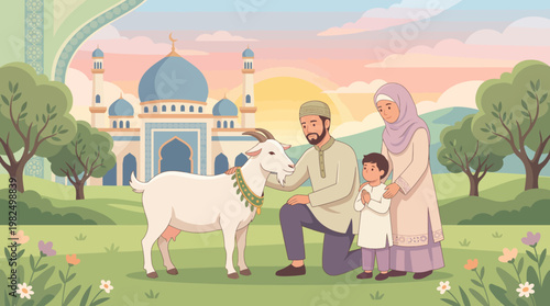 Muslim Family with Qurban Goat Flat Illustration