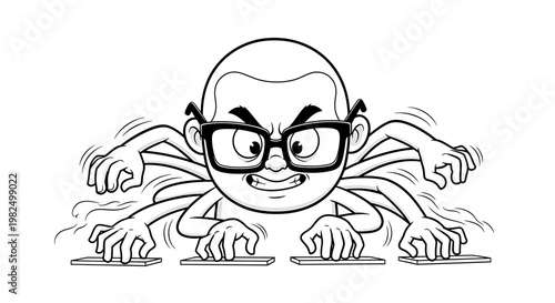 Cartoon man with multiple arms typing.