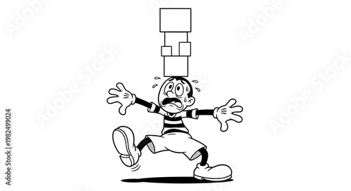 Cartoon child with falling blocks on head.