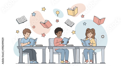 Illustrated diverse students are diligently reading books at their desks amidst floating books and stars on a white background, rendered in a whimsical cartoon style with a lighthearted
