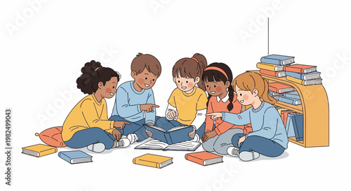 Illustration of a group of diverse children sitting in a circle on the floor, reading a book together in a brightly lit room with a bookshelf, creating a warm and collaborative scene