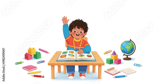 A cheerful young student raises his hand while sitting at a small wooden desk surrounded by crayons, blocks, and a globe in a brightly lit scene with a clean, white background and playful