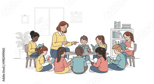 A teacher instructing diverse young students who are sitting around a table with books in a bright classroom, depicted in a flat, cartoon-style illustration with a focus on education