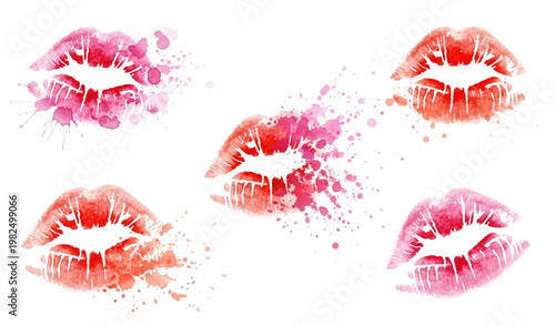 Vector Set of Lipstick Kisses with Watercolor Splashes for Beauty, Fashion, and Romantic Designs
