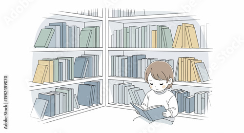 Illustrated scene of a young child reading a book while sitting cross-legged in front of a corner bookshelf filled with various books, rendered in a soft, pastel color palette