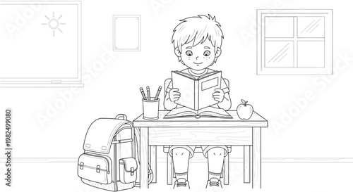 Line art illustration of a young boy reading a book at his desk with school supplies, including a backpack, pencils, and an apple, set against a simple classroom background in monochrome