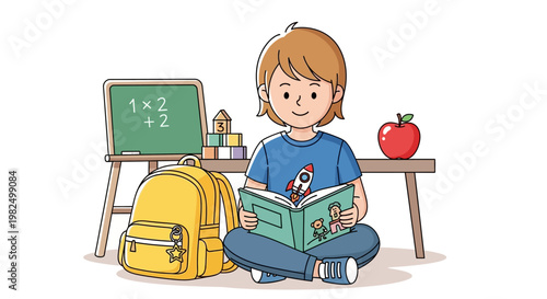 Illustration of a young student reading a book while seated cross-legged next to a schoolbag and a small chalkboard displaying equations, with a colorful and cheerful style against a white