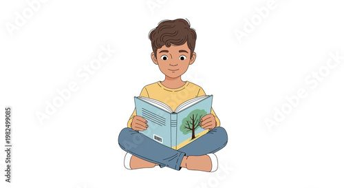 A young boy with curly hair sits cross-legged against a white background, absorbed in reading a blue-covered book that features a tree illustration, creating a serene and educational