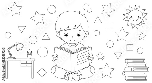 Line art illustration of a young boy reading a book while sitting cross-legged amidst geometric shapes, with a desk, lamp, books, and a smiling sun in the background, conveying a calm