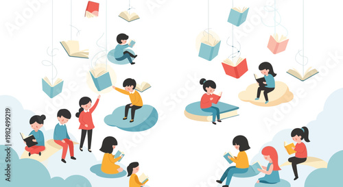 Whimsical vector illustration featuring children reading books while sitting on clouds against a white background, rendered in a bright, colorful style with floating books emphasizing