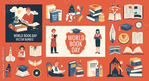 A vibrant vector illustration presents a World Book Day bundle with diverse characters reading, books stacked high, graduation caps, and decorative elements against a warm orange