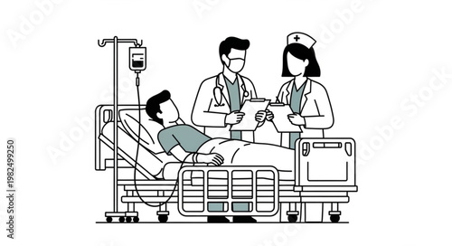 Doctor and nurse tending to patient in hospital bed with IV drip.