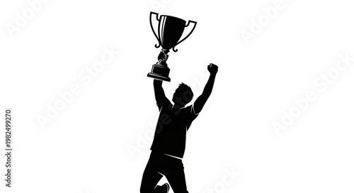 Silhouette of a person holding a trophy above their head in celebration.