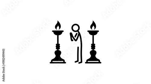 Minimalist Stick Figure Praying Between Two Lit Candle Holders