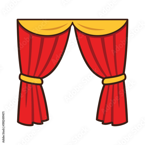 Red theater stage curtains with yellow valance and tie-backs on a white background