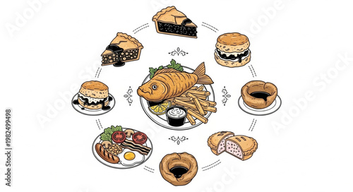 Variety of Delicious Food Dishes Arranged in a Circular Pattern.