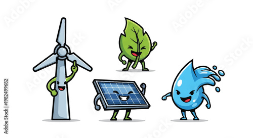 Cartoon renewable energy sources wind turbine solar panel leaf water drop illustration