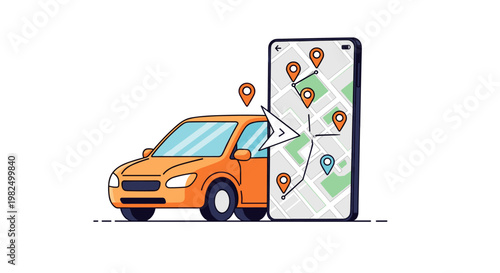 An orange car beside a smartphone displays a navigation map with location pins, showcasing the concept of car sharing, ride-hailing, or travel planning. the modern illustration