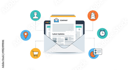 Email marketing concept presented through a vector illustration. a company newsletter arrives in an opened envelope, surrounded by icons representing location, user, shopping,